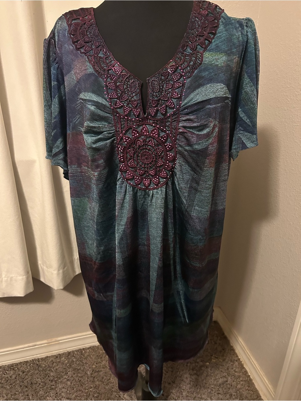 Avenue Teal and Plum Embellished V-Neck Tunic